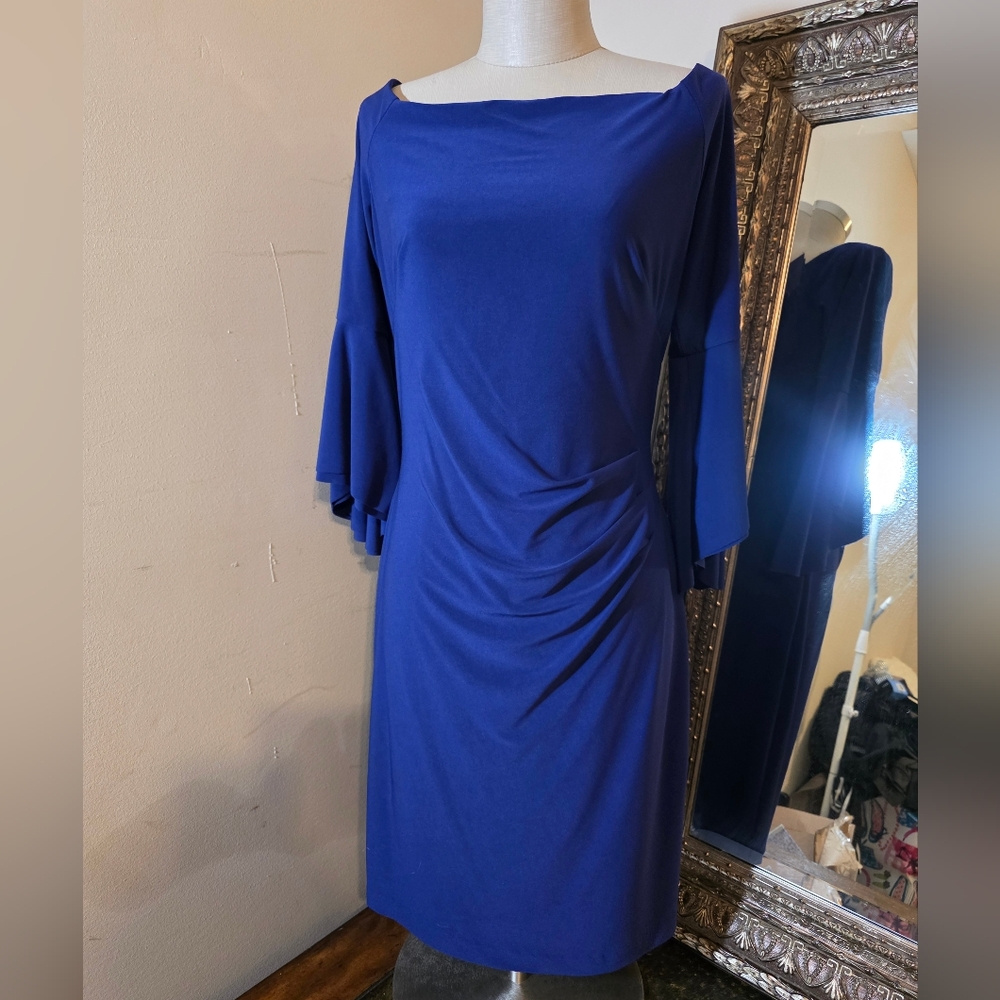 Lauren Ralph Lauren Royal Blue Ruched Sheath Dress with Dolman Sleeves. Sz 10 - Picture 2 of 6